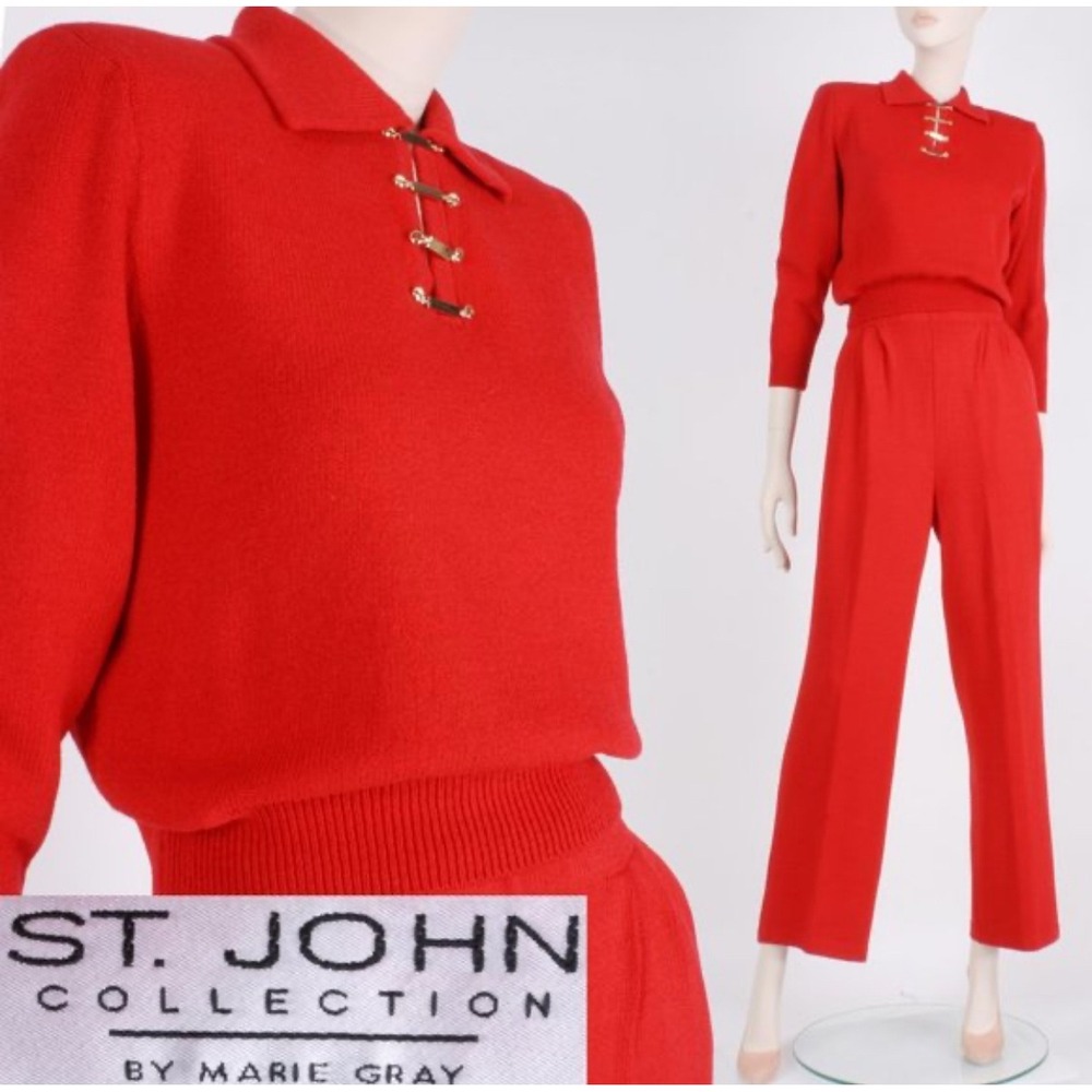 St John Collection Red Knit Polo Sweater Pants Set By Marie Gray Size S 4